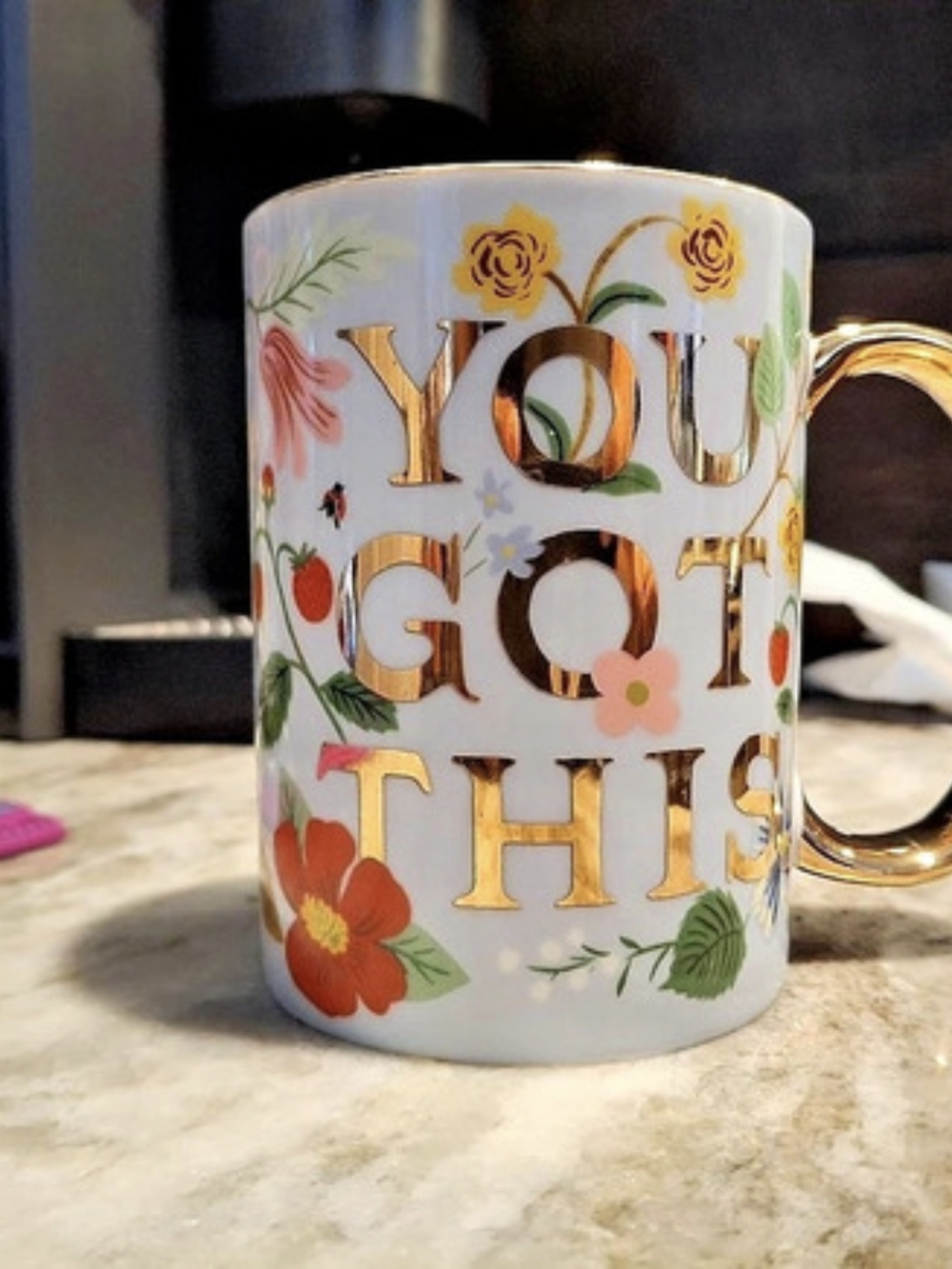 Anthropologie Rifle Paper Co. You Got This Floral Gold Handle Mug.